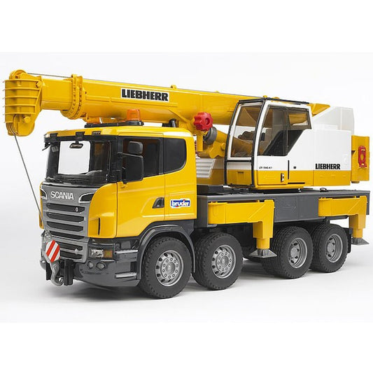 Bruder Scania R-Series Liebherr építőipari daru teherautó, fényekkel és hangokkal